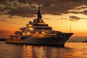 Luxurious yacht illuminated at sunset on the water. photo