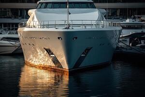 Luxurious yacht docked in a marina reflecting sunlight. photo