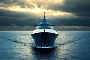 Luxurious yacht navigating through a dramatic seascape. photo