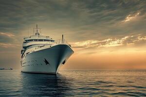 Luxury ship anchored in calm waters at sunset. photo
