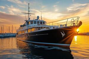 Luxury yacht at sunset in a tranquil harbor. photo