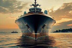 Luxury yacht at sunset on calm waters. photo