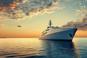 Luxury yacht at sunset on calm waters. photo