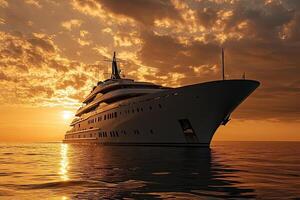 Luxury yacht at sunset on calm waters. photo