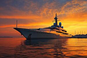 Luxury yacht at sunset on calm waters. photo