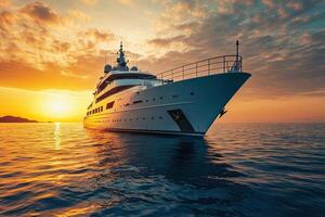 Luxury yacht at sunset on calm waters. photo