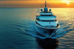 Luxury yacht cruising at sunset on calm waters. photo