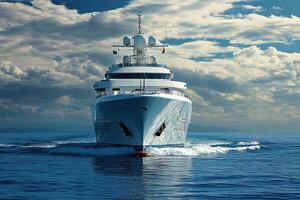 Luxury yacht cruising through calm waters under a cloudy sky. photo