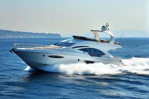 Luxury yacht cruising on the ocean's surface. photo