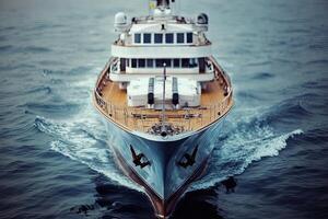 Luxury yacht cruising through calm waters. photo