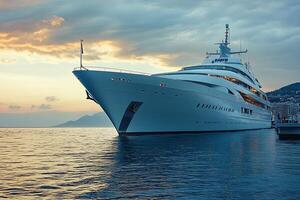 Luxury yacht docked at sunset by the water. photo