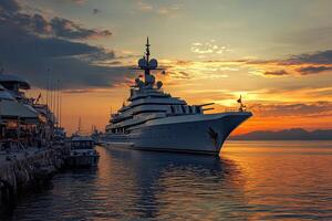 Luxury yacht docked at sunset by the harbor. photo