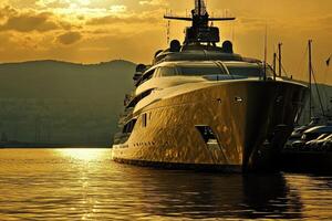 Luxury yacht docked at sunset, reflecting golden hues. photo