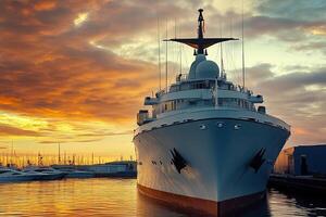 Luxury yacht docked at sunset with vibrant sky. photo