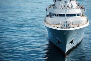Luxury yacht docked on calm water. photo