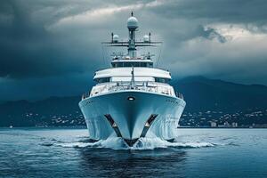 Luxury yacht navigating through calm waters under a cloudy sky. photo