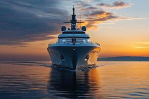 Luxury yacht sailing at sunset on calm waters. photo