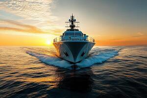Luxury yacht sailing at sunset on calm waters. photo