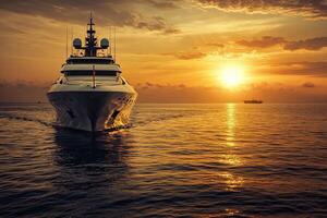 Luxury yacht sailing at sunset on calm waters. photo