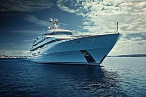 Luxury yacht sailing on calm waters under a dramatic sky. photo