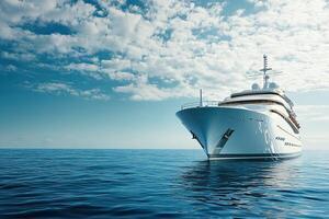Luxury yacht sailing on calm ocean waters under blue sky. photo