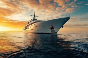 Luxury yacht sailing at sunset on calm waters. photo