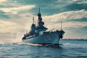 Military ship navigating through calm waters under clouds. photo