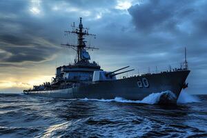 Military ship navigating through turbulent waters at sunset. photo