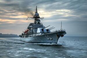 Military ship navigating through water at sunset. photo