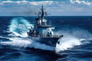 Naval ship navigating through turbulent ocean waters. photo