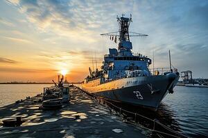 Naval ship docked at sunset by the harbor. photo
