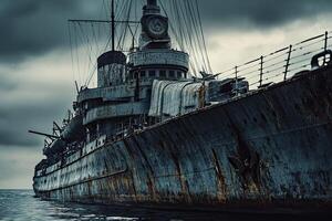 Rusty ship anchored in moody waters under cloudy skies. photo