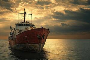 Rusty ship anchored under a dramatic sunset sky. photo