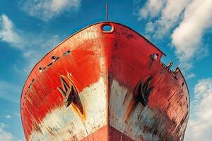 Rusty ship bow against a blue sky with clouds. photo