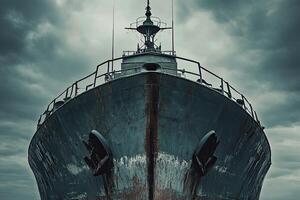 Rusty ship bow against a stormy sky. photo