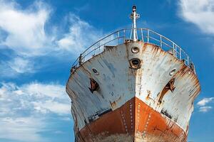 Rusty ship bow against a blue sky with clouds. photo