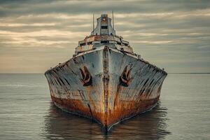 Rusty shipwreck emerging from calm waters under cloudy sky. photo