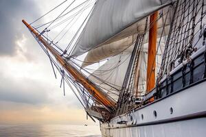 Sailing ship with billowing sails on calm waters. photo