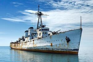 Rusty shipwreck in calm waters under a blue sky. photo