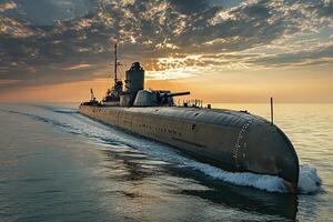 Submarine navigating through calm waters at sunset. photo
