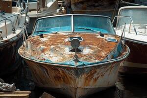 Weathered boat docked in a marina, showing rust and decay. photo