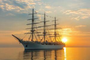 Tall ship sailing at sunset, reflecting on calm waters. photo