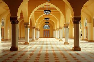 Grand mosque interior with arches, columns, and tiled floor. photo