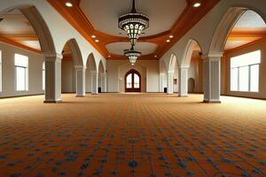 Empty mosque interior with arched doorways, patterned carpet, and chandeliers. photo