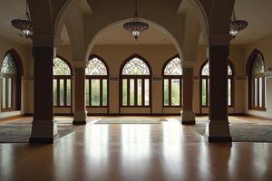 Empty prayer hall with arched windows and wooden floor. photo