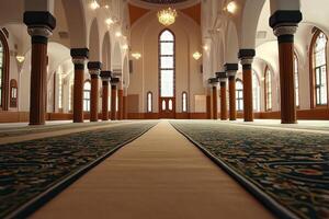 Grand mosque interior, columns, arches, carpet, light. photo