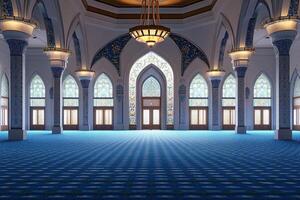 Grand mosque interior, ornate arches, blue carpet, stained glass windows, pillars, chandelier. photo