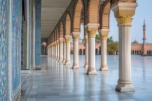 Elegant colonnade with arches and tiled walls leading to a distant mosque. photo