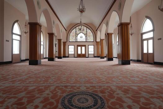 Empty mosque interior with stained glass window, arched entryway, and patterned carpet. photo