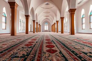 Empty mosque interior with arched ceilings, wooden columns, and patterned carpet. photo